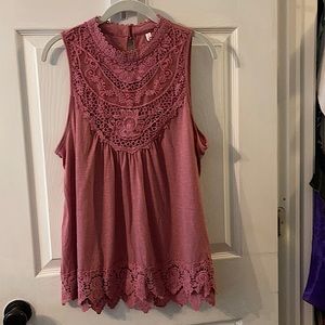 Mauve Lace Yoke Mock Neck Tank Top
